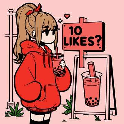 girl with oversized hoodie drinking boba and she has a high ponytail with a sign that says 10likes?