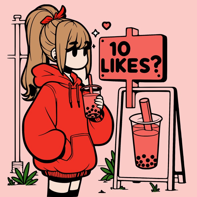 girl with oversized hoodie drinking boba and she has a high ponytail with a sign that says 10likes?