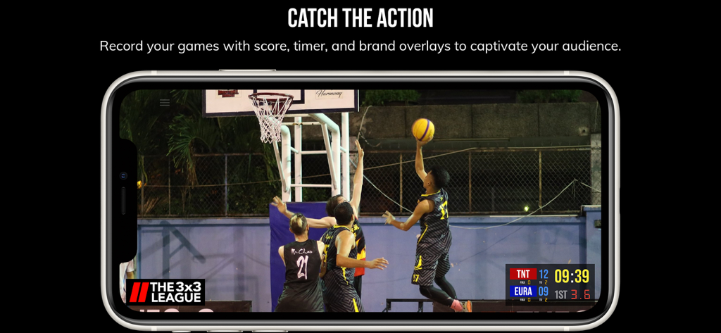 La aplicación BT Basketball Camera grabando un partido con superposición de marcador y temporizador en vivo