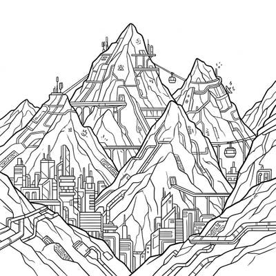 Journey into a breathtaking fusion of nature and technology with this unique Cyberpunk Alpine Mountains coloring page. Unleash your creativity on a landscape where majestic peaks meet intricate futuristic structures and neon-inspired designs.