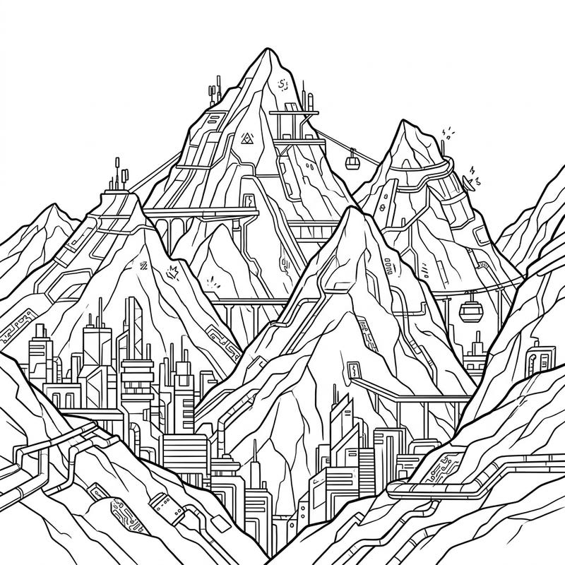 Journey into a breathtaking fusion of nature and technology with this unique Cyberpunk Alpine Mountains coloring page. Unleash your creativity on a landscape where majestic peaks meet intricate futuristic structures and neon-inspired designs.