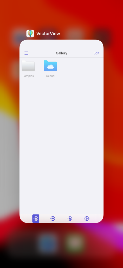 VectorView App-Galerie-Bildschirm mit Beispiel- und iCloud-Ordnern für die CorelDRAW-Dateiverwaltung