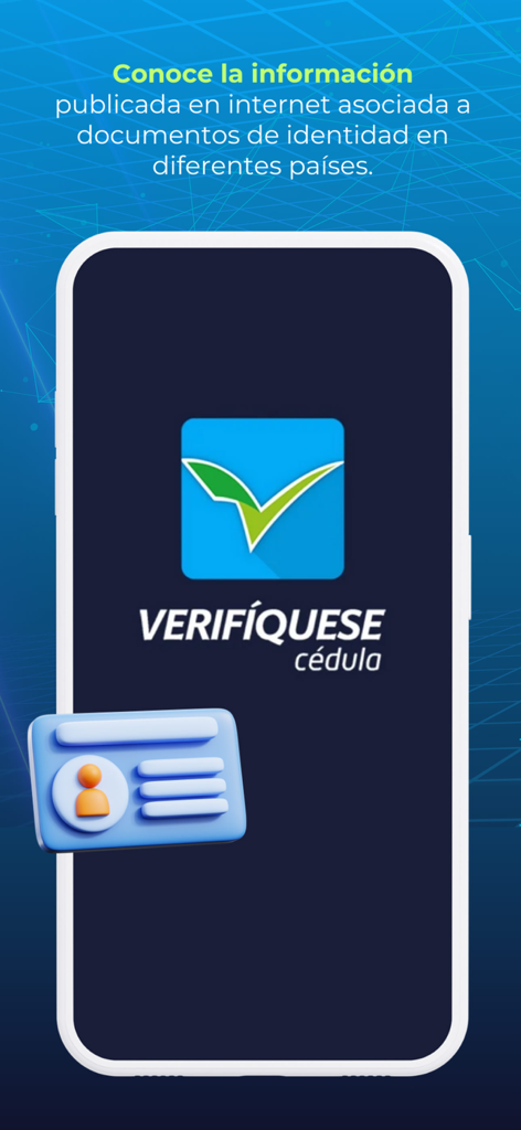 Verifiquese Cedula - Verifiquese Cedulaのロゴと、書類検証用の3D IDカードアイコンが表示されたスマートフォンの画面。