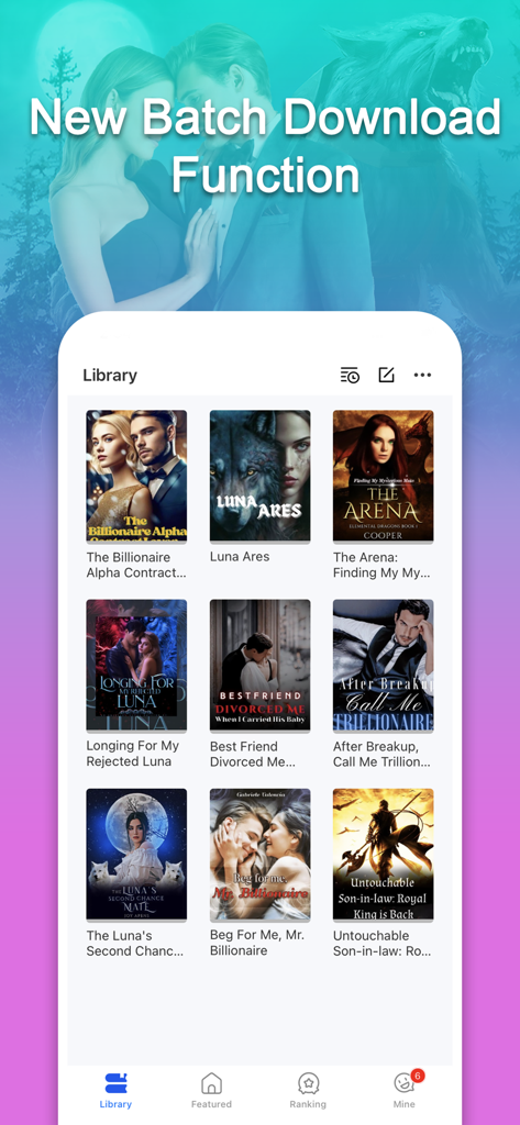 NovelCat app library interface showing romance and billionaire book covers with batch download feature