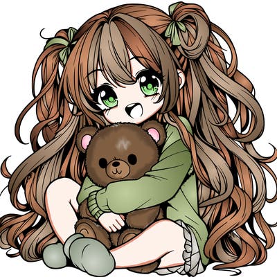 manga girl, long curly hair, happy, cuddling a teddy bear