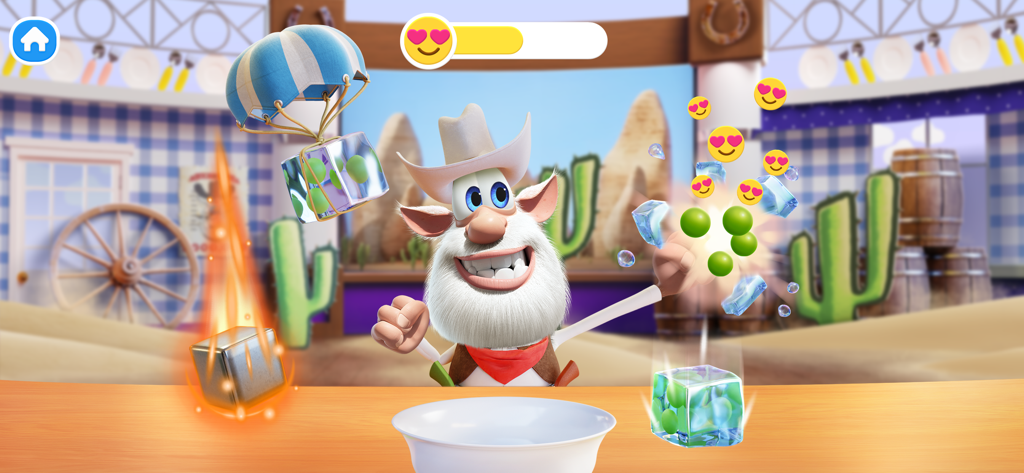 Booba Kitchen: Cooking Food - Booba character dressed as a cowboy smashing ice cubes to defrost peas in a cooking mini-game.