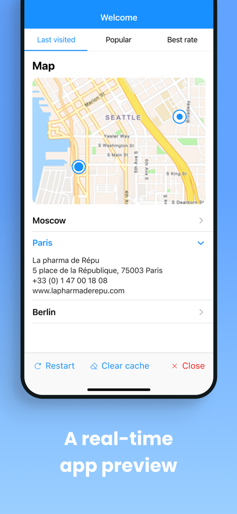 AppMaster Developer - Interface of the AppMaster Developer app showing a real-time preview of a mobile application with a map and location details.
