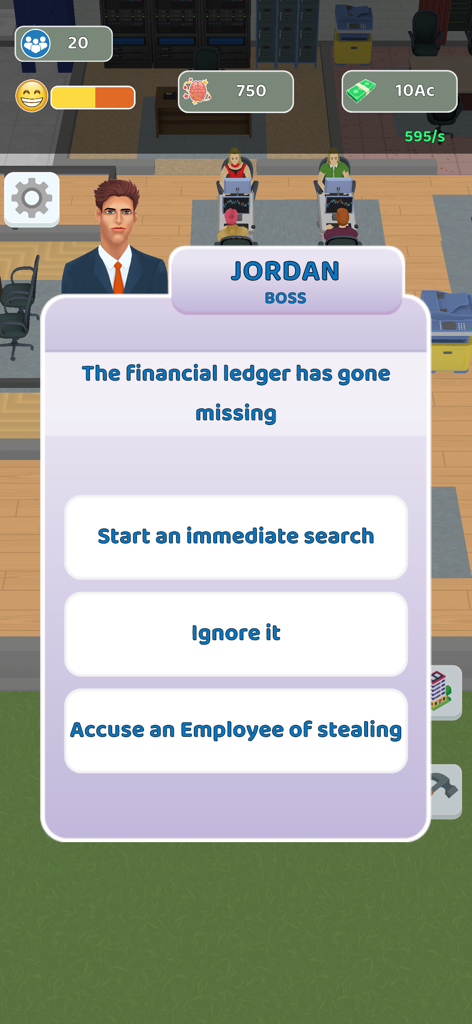 The Office Life 3D - Una captura de pantalla del juego de The Office Life 3D que muestra una opción de decisión del jefe sobre un libro mayor financiero faltante con tres opciones