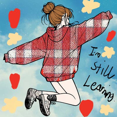 realistic girl jumping with a bun and oversized sweatshirt