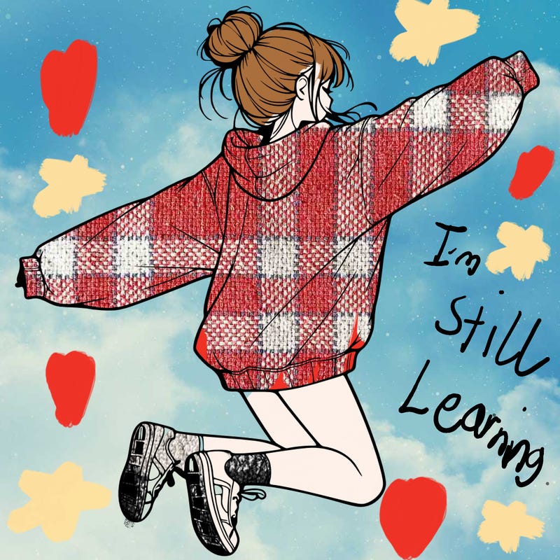 realistic girl jumping with a bun and oversized sweatshirt
