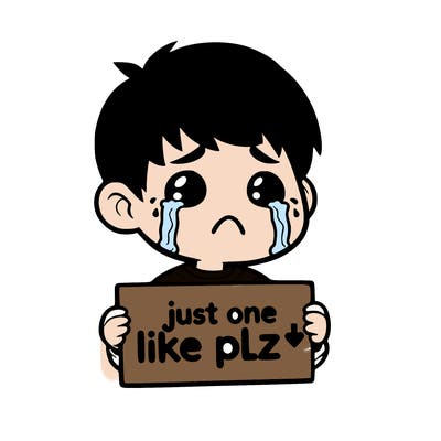 realistic crying boy with a sign saying just one like plz