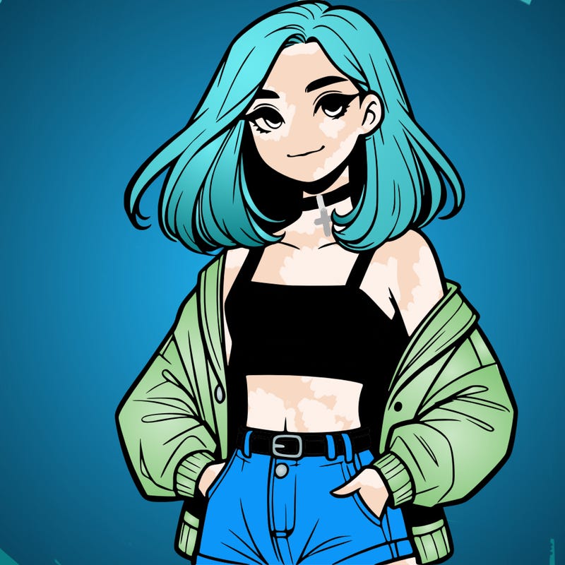 a realistic girl with a crop top and short shorts in an open jacket