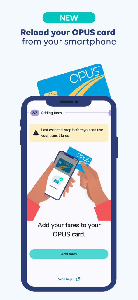 Mobile app interface showing how to reload an OPUS transit card with a smartphone
