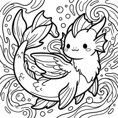 Unleash your creativity with this enchanting kawaii sea griffin, ready for a splash of color. This delightful creature, featuring a charming expression and fish-like tail, is surrounded by whimsical underwater swirls, promising a fun and relaxing coloring experience.