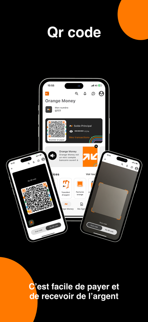 Orange Max it - Côte d'Ivoire - Orange Max it app interface showing QR code payment and money transfer features