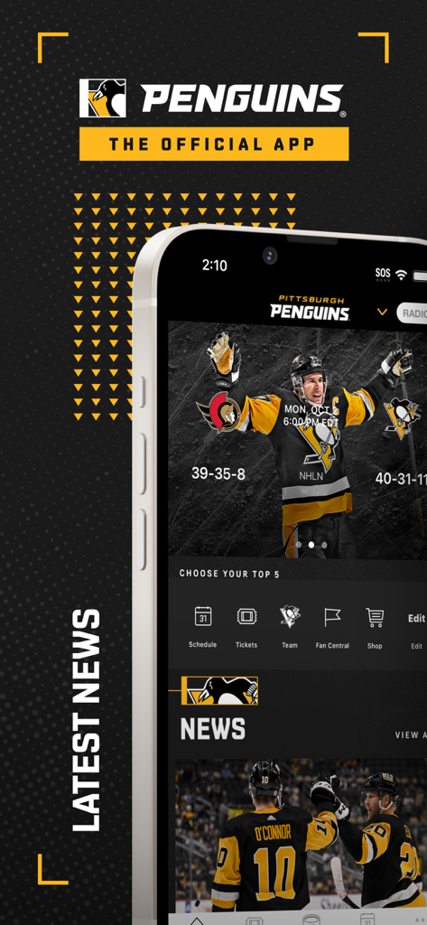 Interface of the official Pittsburgh Penguins mobile app featuring team news and ticketing