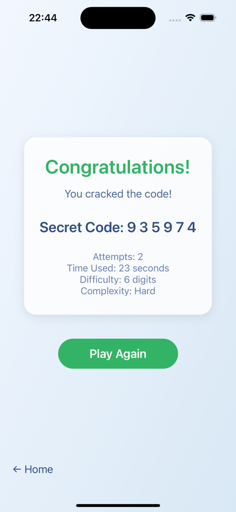 A success screen in Tile Storm Code Breaker showing a solved 6-digit code with game statistics like time and complexity.