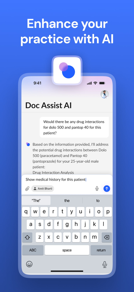 Eka Doc: AI, Scribe, EMR/EHR - Interfaz de la aplicación Eka Doc que muestra la función Doc Assist IA para el análisis de interacciones farmacológicas clínicas