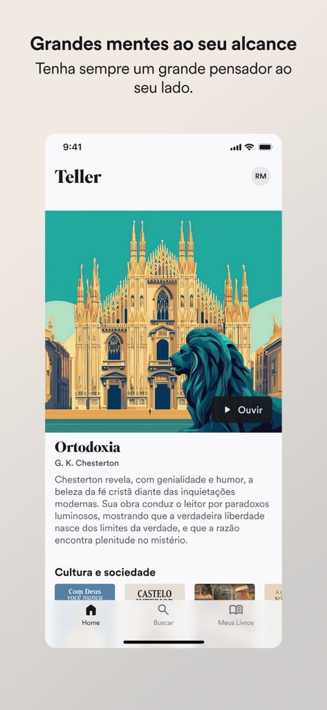 Teller app home screen featuring the audiobook Ortodoxia by G. K. Chesterton with navigation icons for home and search