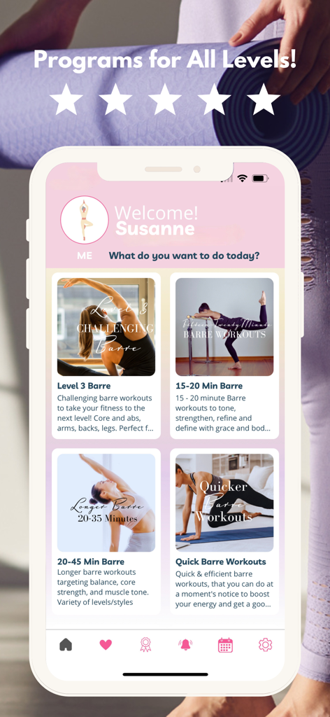 Barre Workouts by Fittbe - Fittbe app interface showing various barre workout programs for all fitness levels