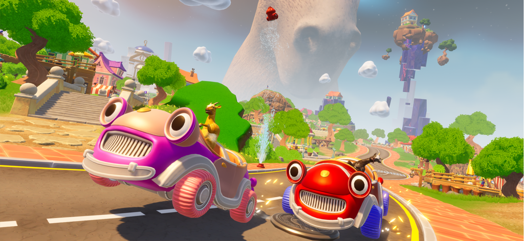 Goat Simulator 3 - Multiverse - Two goats driving stylized cartoon cars on a road in a surreal world with a giant goat head in the sky