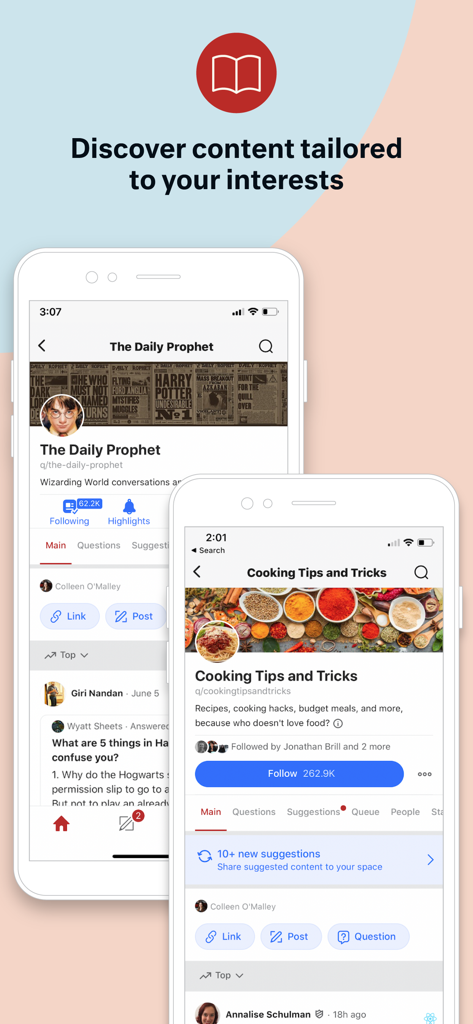 Zwei Mobiltelefone, die Quora-App-Oberflächen für eine Vielzahl von Interessen wie Harry Potter und Kochen anzeigen
