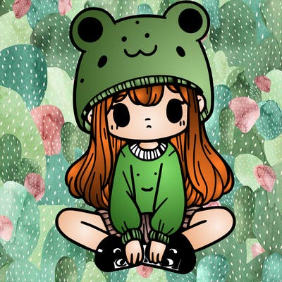 a girl wearing a frog hat and some frog socks