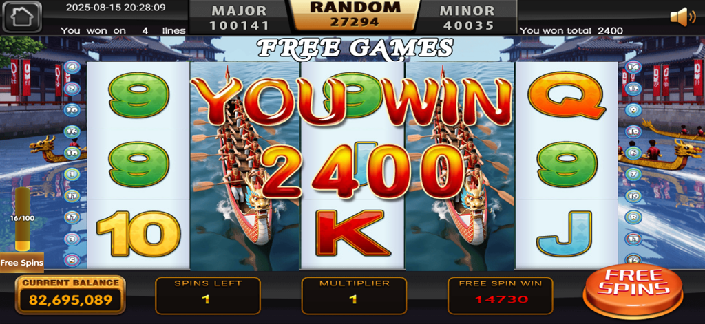 Uno screenshot dell'app del casinò Lucky Gold che mostra una grande vincita su una slot a tema barca drago asiatico.