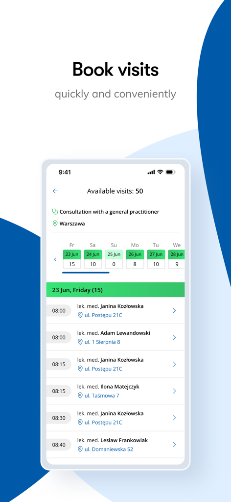 Mobile app screen showing a list of available medical appointments with doctors times and locations in Warsaw