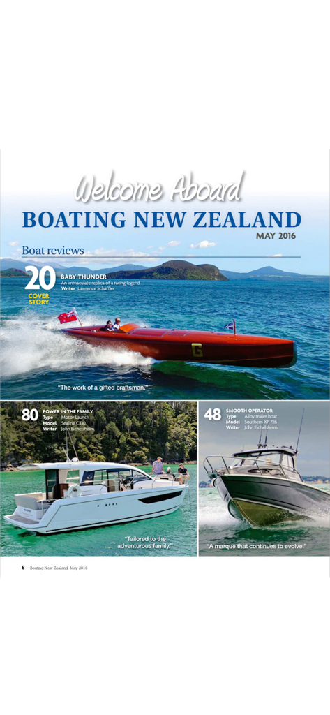 Página de la revista Boating New Zealand con varias reseñas de embarcaciones con fotografía de alta calidad de lanchas a motor y yates.