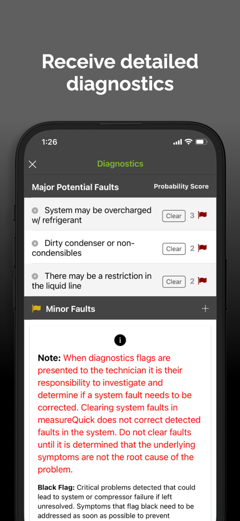HVAC diagnostic screen showing potential system faults and probability scores