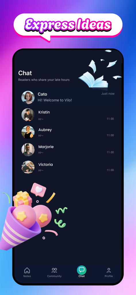 Vilo: Record & Explore More - Una interfaz de chat móvil con tema oscuro para la aplicación Vilo que muestra una lista de lectores y el encabezado Expresa Ideas.