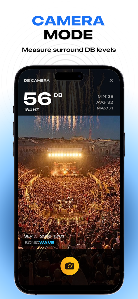 Sonic Pitch Sound Generator - Smartphone-Bildschirm zeigt die Sonic Pitch App im Kameramodus, die die Dezibelpegel bei einem Konzert misst