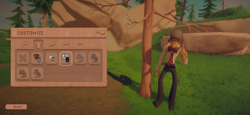 Log Riders - Log Ridersのキャラクターカスタマイズ画面。木こりキャラクター用の様々な衣服やアクセサリーのオプションが表示されている。