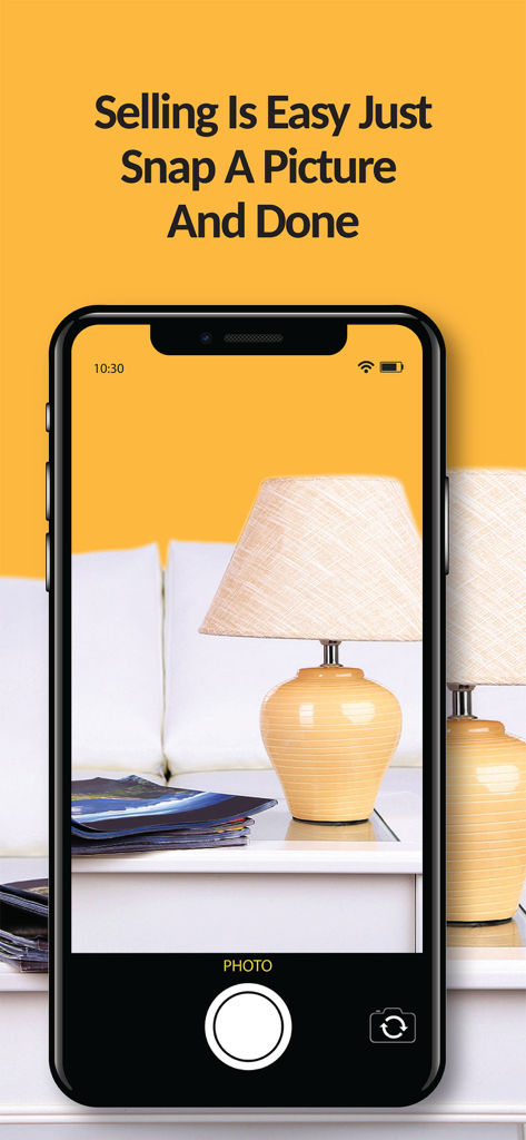 La Subasta: Latino Marketplace - A smartphone taking a photo of a lamp to list it for sale on La Subasta Latino Marketplace