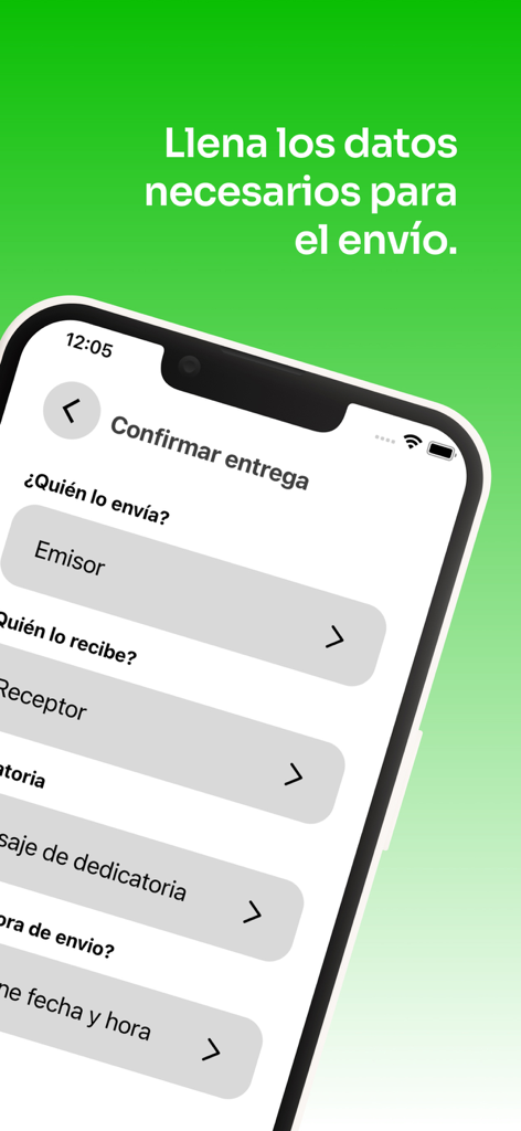 Smartphone screen showing the delivery confirmation form in the Mercado de Flores app with fields for sender, recipient, and message.