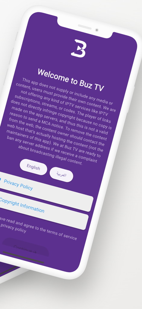 Buz TV welcome screen showing the app disclaimer and language selection options