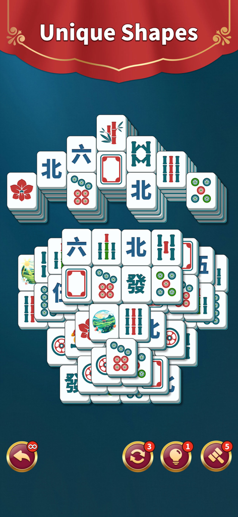 Mahjong Solitaire: Match Game - Un écran de jeu Mahjong Solitaire montrant une disposition de tuiles unique pour un niveau de puzzle cérébral.
