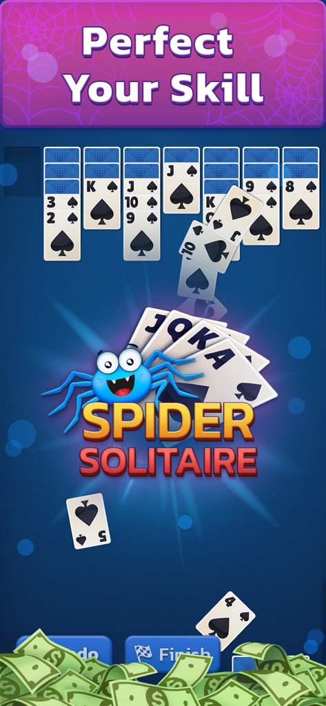 Spider Solitaire: Cash Games - Interfaz del juego de cartas Spider Solitaire con una mascota araña y recompensas en efectivo