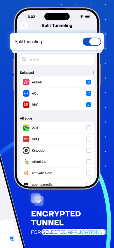 Interface do SplitVPN mostrando o recurso de split tunneling onde os usuários podem selecionar aplicativos específicos como Airbnb ou BBC para usar um túnel criptografado