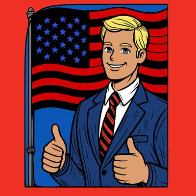 an american flag with donald trump standing infront of it with 2 thumbs up