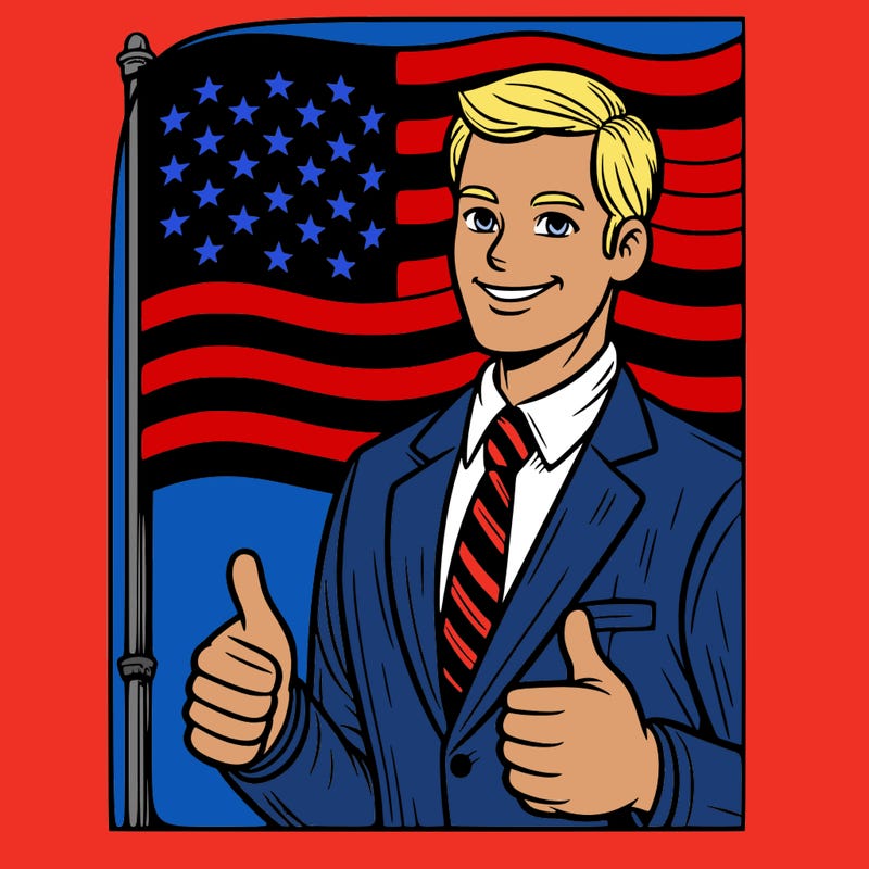 an american flag with donald trump standing infront of it with 2 thumbs up