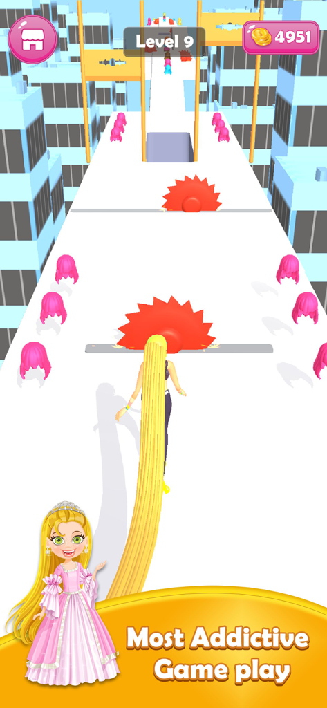 Hair Challenge - Hair Cut Run - A girl with long yellow hair avoids red circular saws on a city runway in Hair Challenge.