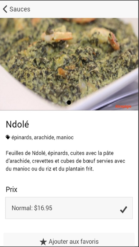 Detail page of Ndole dish on La Calebasse mobile app menu