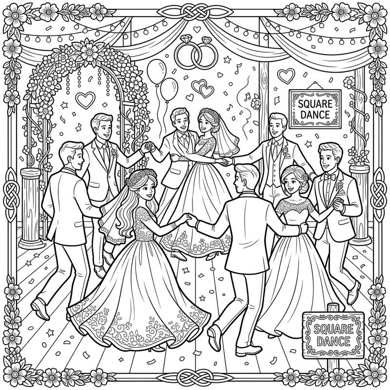 Twirl and jig your way through this delightful coloring page featuring a lively square dance at a joyous wedding celebration. Immerse yourself in the festive spirit as couples in their finest attire dance amidst charming decorations.