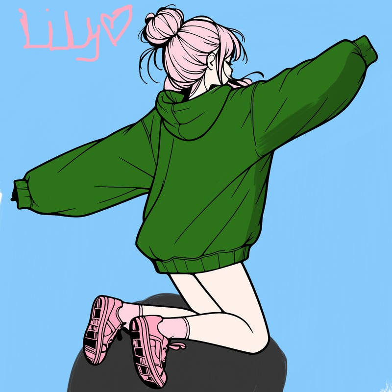 realistic girl jumping with a bun and oversized sweatshirt