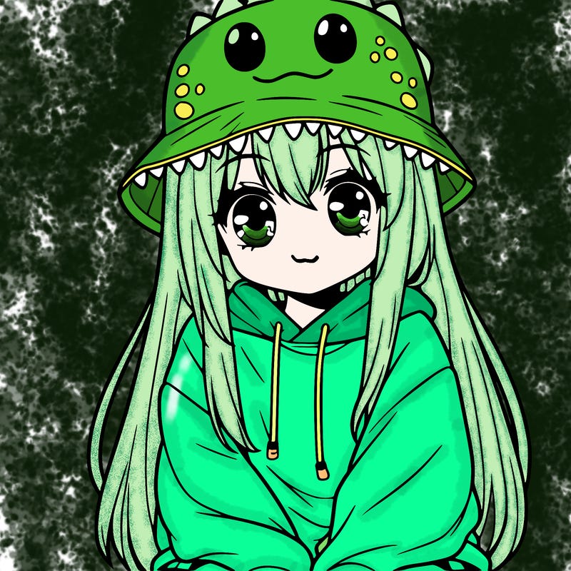 girl with anime shaped eyes with a dinosaur bucket hat oversized sweatshirt long straight hair