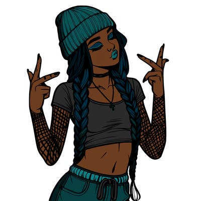 realistic teenage girl with braids and a beanie and crop top doing 🫶🏼