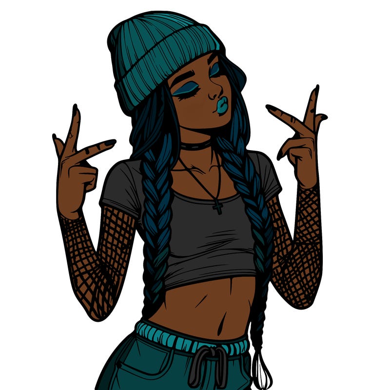 realistic teenage girl with braids and a beanie and crop top doing 🫶🏼