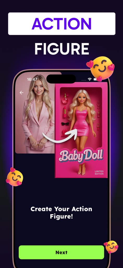 3D Cartoon Photo Editor-Toonme - Ein Bildschirm einer mobilen App, der einen KI-Filter zeigt, der ein Foto in eine Actionfigur-Puppe verwandelt, die in einer Schachtel verpackt ist.
